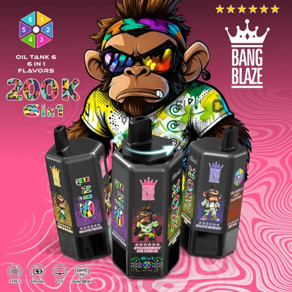 Bang Blaze 200K 200000 Puhanja | 6-u-1 Okus Punjivi Jednokratni Vape s LCD Zaslonom