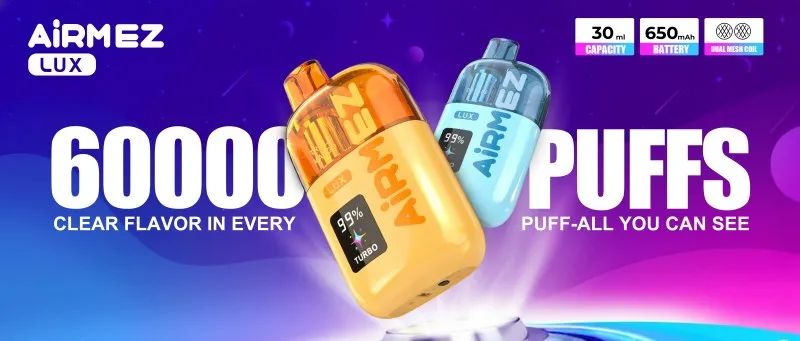 Airmez LUX disposable vape banner showing two devices in yellow and light blue design with 60000 puffs highlight, dual mesh coil system, 30ml e-liquid capacity, and 650mAh battery on a neon purple-blue background.