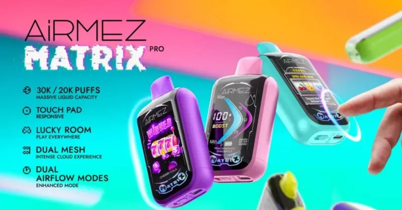 Airmez Matrix Pro disposable vape shown in three floating color variants (purple, pink, turquoise) featuring digital display screen with battery level, BOOST mode, and touch control interface on a colorful gradient background.