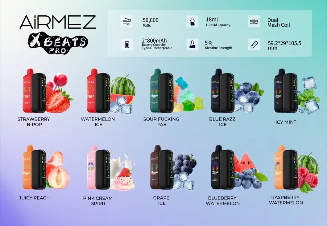Airmez XBeats Pro disposable vape featuring multiple flavors including Strawberry B-Pop, Watermelon Ice, Blue Razz Ice, and Grape Ice, with 50000 puffs, dual mesh coil system, 18ml e-liquid capacity, and dual 800mAh Type-C rechargeable batteries.