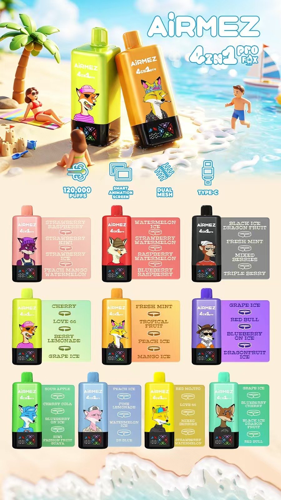 Airmez Fox 120000 Puffs 4-u-1 Pro – jednokratni vape s pametnim ekranom, EU skladište