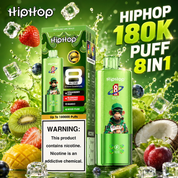 HIPHOP 180K 8-u-1 – Jednokratni Vape s 180.000 Udisaja i 8 Okusa u Jednom Uređaju