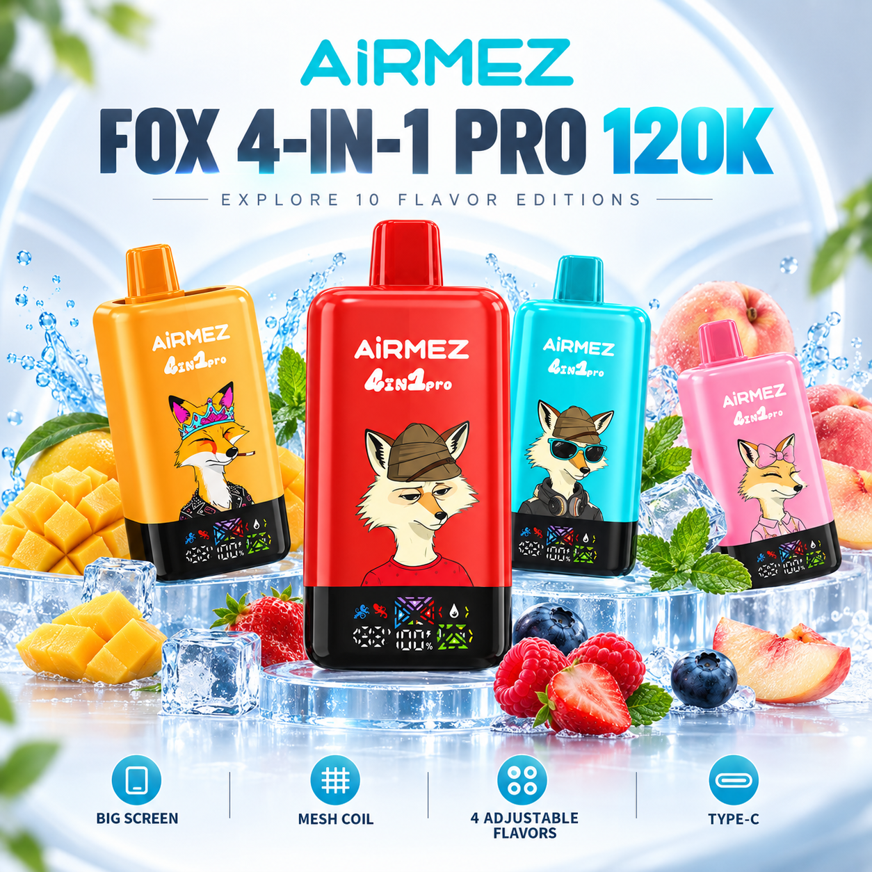 airmez-fox-4-in-1-pro-120k-collection-cover Airmez Fox 120000 Puffs 4-u-1 Pro – Jednokratni Vape s 120K Udisaja i Pametnim Ekranom - Slika 1