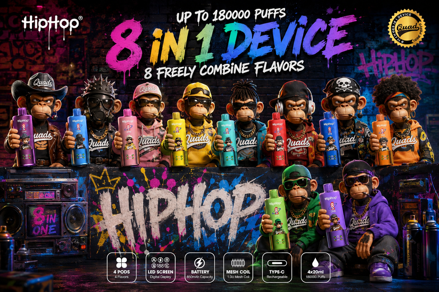 HIPHOP 180K 8-u-1 – jednokratni vape s 8 okusa u jednom uređaju, 180.000 udisaja